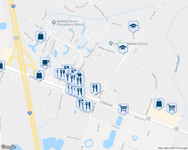 map of restaurants, bars, coffee shops, grocery stores, and more near 218 Royal Palms Avenue in Kingsland