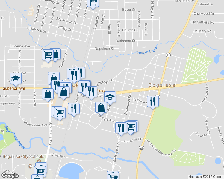 map of restaurants, bars, coffee shops, grocery stores, and more near 513 Atlanta Street in Bogalusa