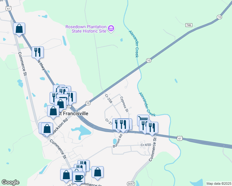 map of restaurants, bars, coffee shops, grocery stores, and more near 5760 Cypress Street in Saint Francisville