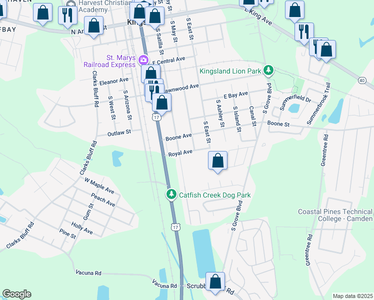 map of restaurants, bars, coffee shops, grocery stores, and more near 208 Collin Nicholas Drive in Kingsland