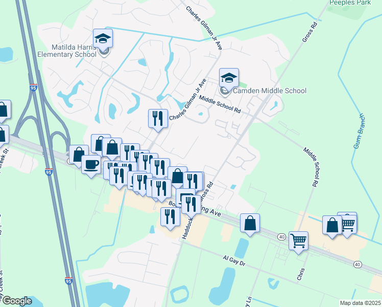 map of restaurants, bars, coffee shops, grocery stores, and more near 216 Royal Palms Avenue in Kingsland