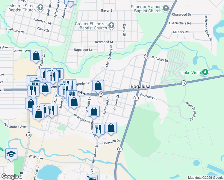 map of restaurants, bars, coffee shops, grocery stores, and more near 705 Louisiana Avenue in Bogalusa