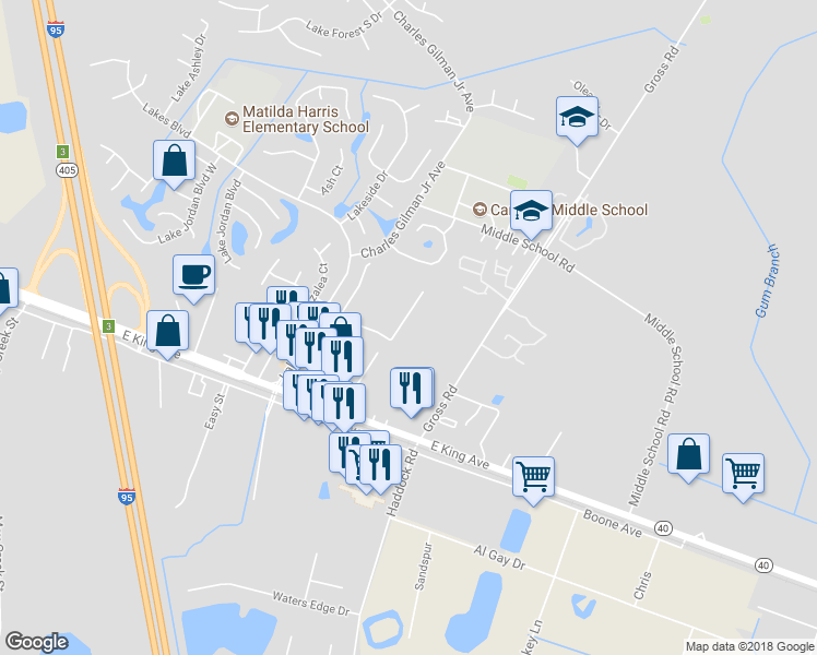 map of restaurants, bars, coffee shops, grocery stores, and more near 216 Royal Palms Avenue in Kingsland