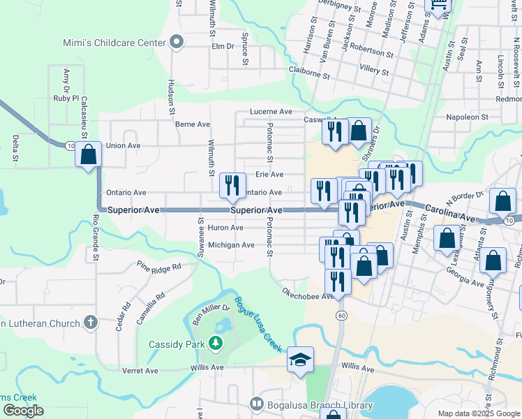 map of restaurants, bars, coffee shops, grocery stores, and more near 625 Superior Avenue in Bogalusa