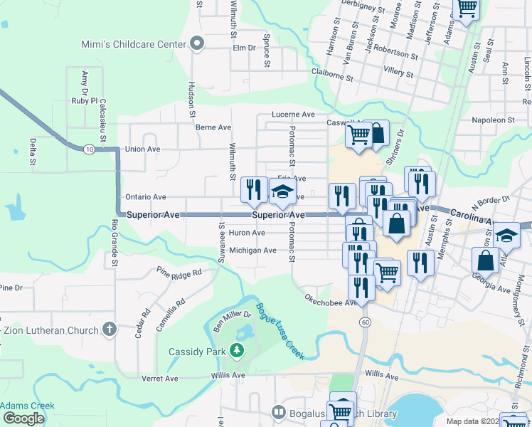 map of restaurants, bars, coffee shops, grocery stores, and more near 625 Superior Avenue in Bogalusa