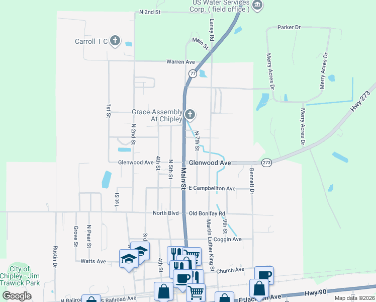 map of restaurants, bars, coffee shops, grocery stores, and more near 571-799 North 6th Street in Chipley