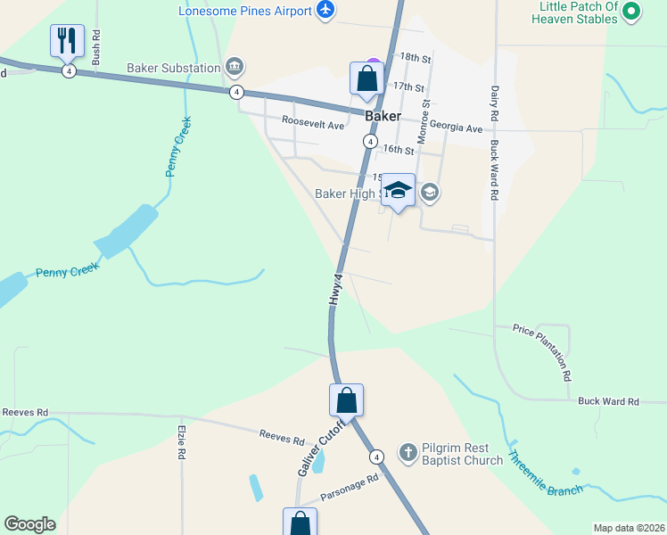 map of restaurants, bars, coffee shops, grocery stores, and more near 5706 Florida 4 in Baker