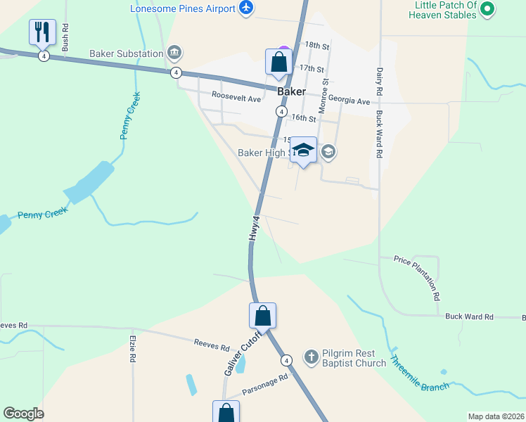 map of restaurants, bars, coffee shops, grocery stores, and more near 5706 Florida 4 in Baker