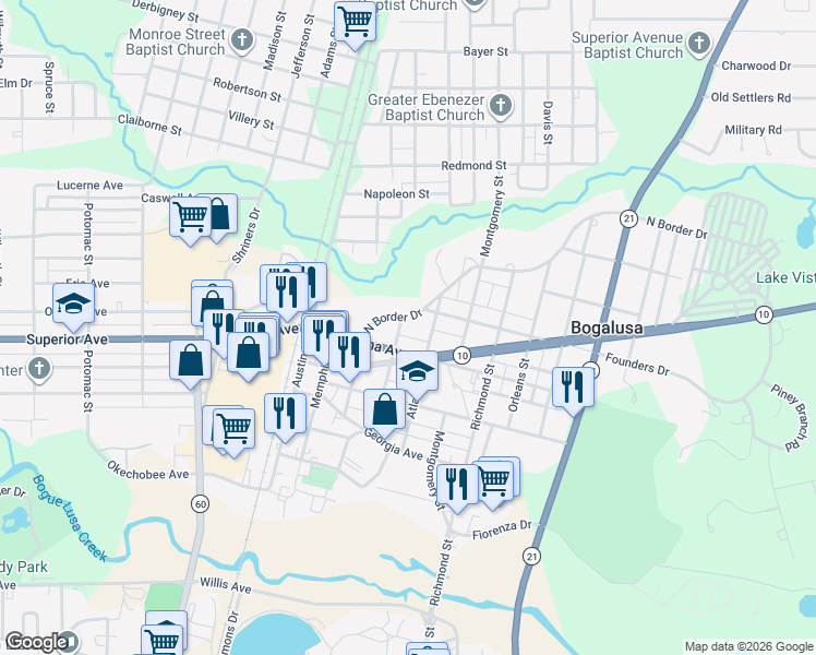 map of restaurants, bars, coffee shops, grocery stores, and more near 513 Atlanta Street in Bogalusa