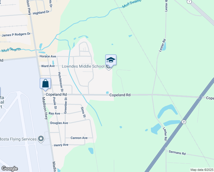 map of restaurants, bars, coffee shops, grocery stores, and more near 2379 Copeland Road in Valdosta