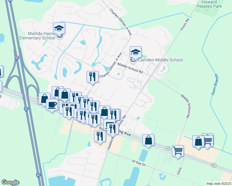 map of restaurants, bars, coffee shops, grocery stores, and more near 228 Royal Palms Avenue in Kingsland