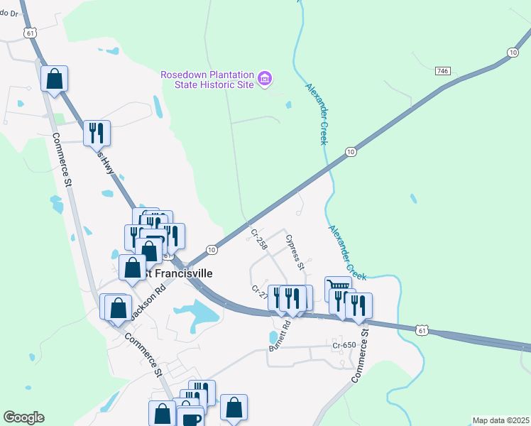 map of restaurants, bars, coffee shops, grocery stores, and more near 5760 Cypress Street in Saint Francisville