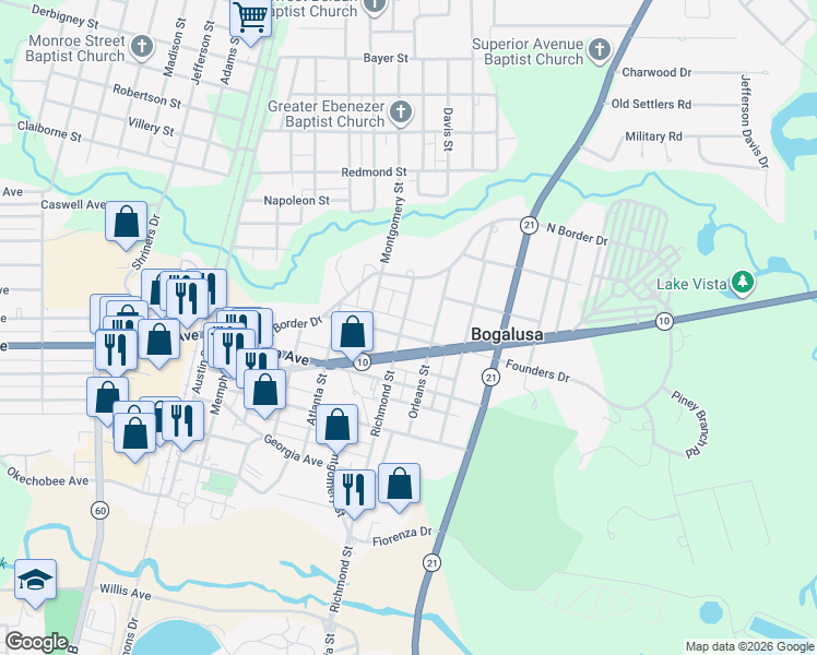 map of restaurants, bars, coffee shops, grocery stores, and more near 705 Louisiana Avenue in Bogalusa