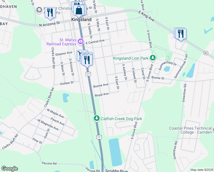 map of restaurants, bars, coffee shops, grocery stores, and more near 301 Boone Avenue in Kingsland