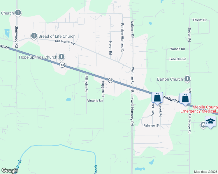 map of restaurants, bars, coffee shops, grocery stores, and more near 4800 Huggins Road in Wilmer