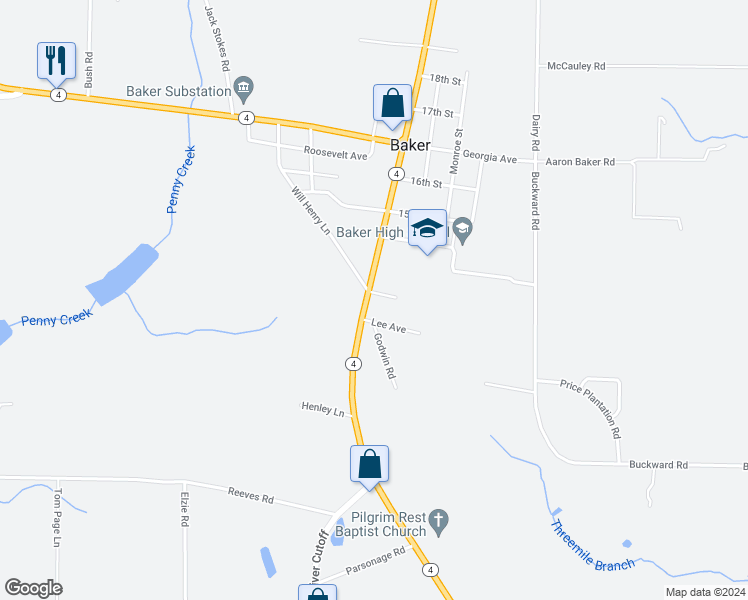 map of restaurants, bars, coffee shops, grocery stores, and more near 5719 Florida 4 in Baker