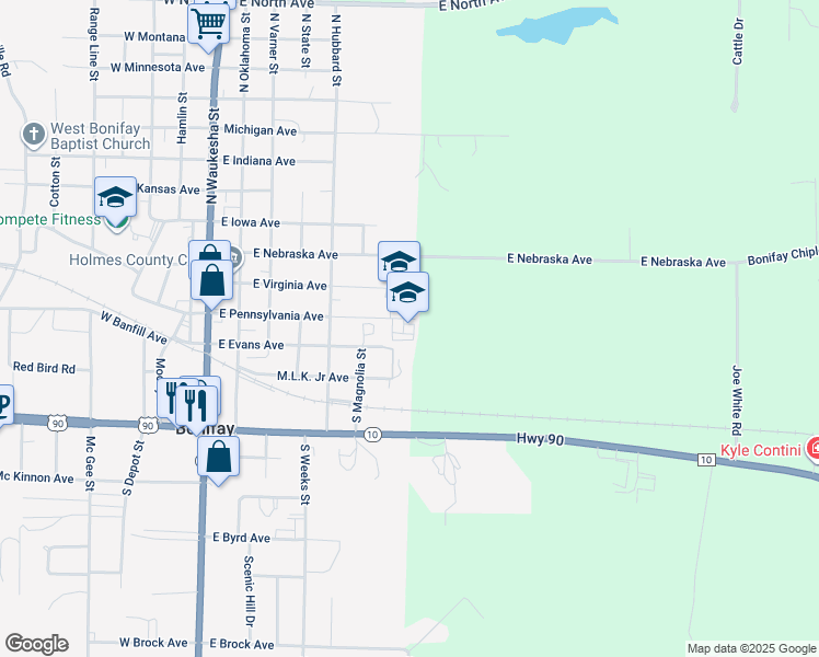 map of restaurants, bars, coffee shops, grocery stores, and more near 701 East Pennsylvania Avenue in Bonifay