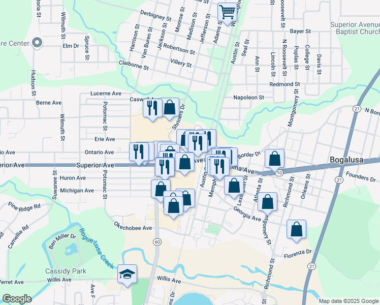 map of restaurants, bars, coffee shops, grocery stores, and more near 214 Ontario Avenue in Bogalusa