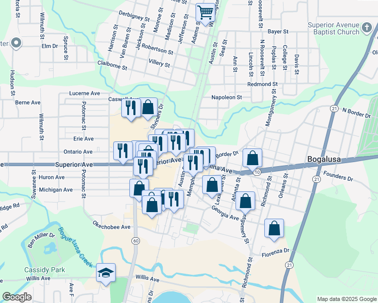 map of restaurants, bars, coffee shops, grocery stores, and more near 701 Austin Street in Bogalusa