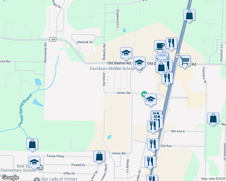 map of restaurants, bars, coffee shops, grocery stores, and more near Jones Road in Crestview