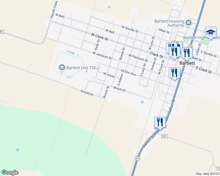 map of restaurants, bars, coffee shops, grocery stores, and more near 515 Brook Street in Bartlett
