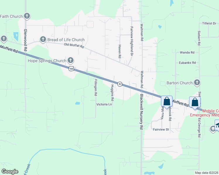 map of restaurants, bars, coffee shops, grocery stores, and more near 4800 Huggins Road in Wilmer
