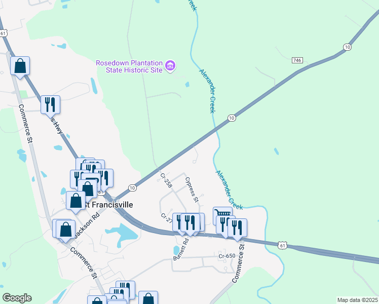 map of restaurants, bars, coffee shops, grocery stores, and more near 5387 Rosedown Court in Saint Francisville