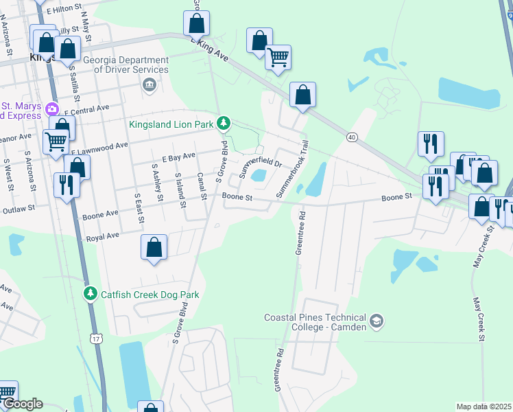 map of restaurants, bars, coffee shops, grocery stores, and more near 124 Colony Pines Drive in Kingsland