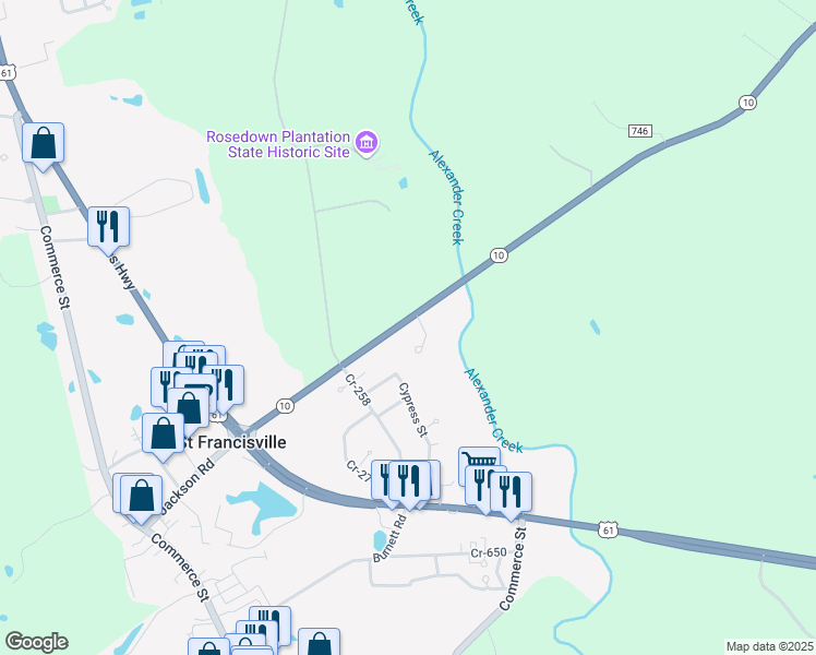 map of restaurants, bars, coffee shops, grocery stores, and more near 5387 Rosedown Court in Saint Francisville