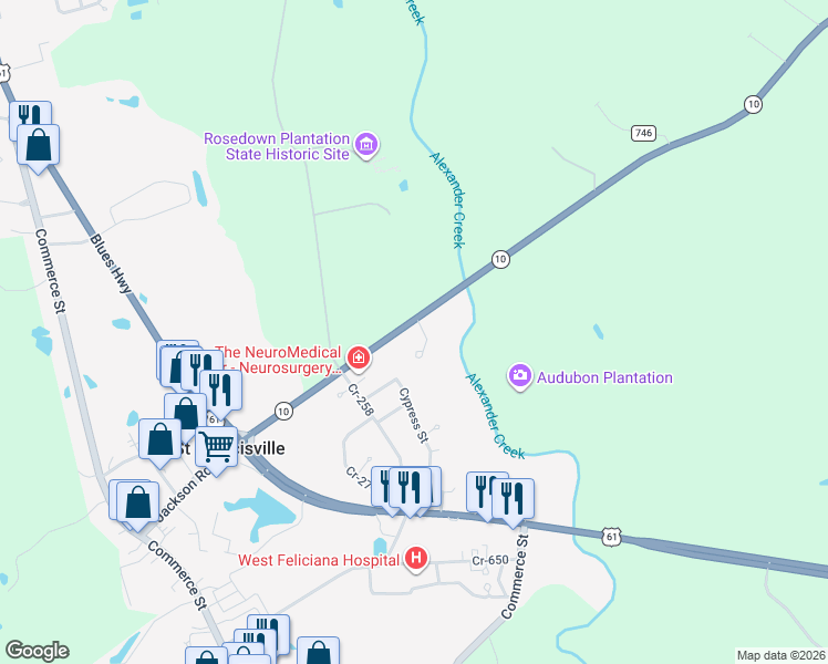 map of restaurants, bars, coffee shops, grocery stores, and more near 5387 Rosedown Court in Saint Francisville