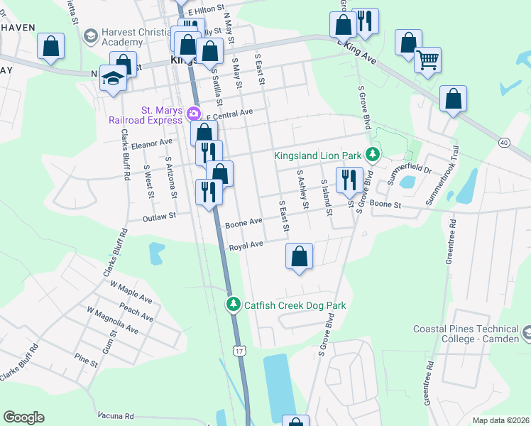 map of restaurants, bars, coffee shops, grocery stores, and more near 301 Boone Avenue in Kingsland