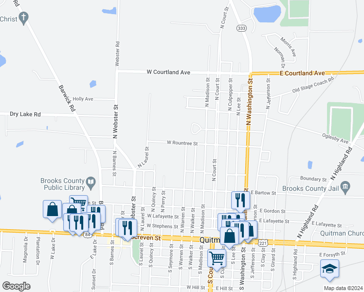 map of restaurants, bars, coffee shops, grocery stores, and more near 400 West Rountree Street in Quitman
