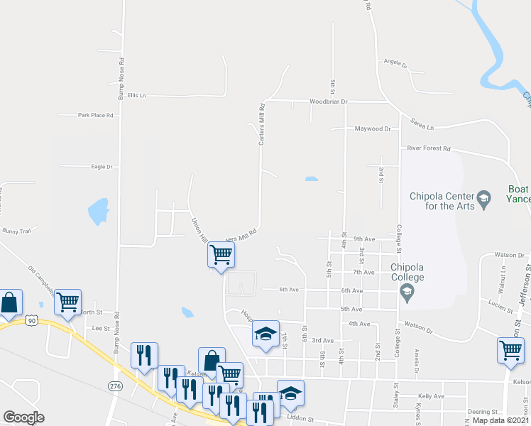 map of restaurants, bars, coffee shops, grocery stores, and more near 3120 Carters Mill Road in Marianna