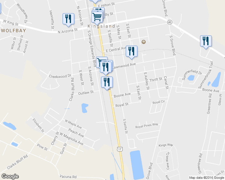 map of restaurants, bars, coffee shops, grocery stores, and more near 715 South Lee Street in Kingsland