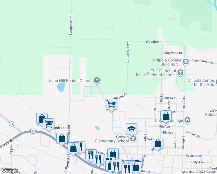 map of restaurants, bars, coffee shops, grocery stores, and more near 3101 Carters Mill Road in Marianna