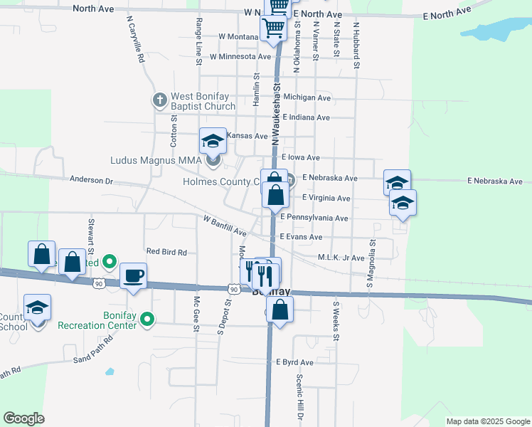 map of restaurants, bars, coffee shops, grocery stores, and more near in Bonifay
