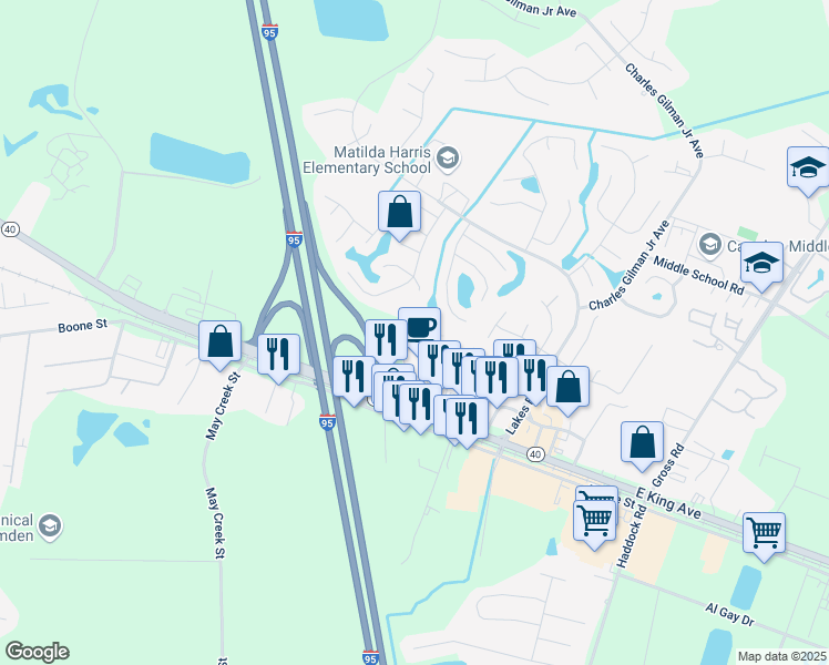 map of restaurants, bars, coffee shops, grocery stores, and more near 1311 East King Avenue in Kingsland