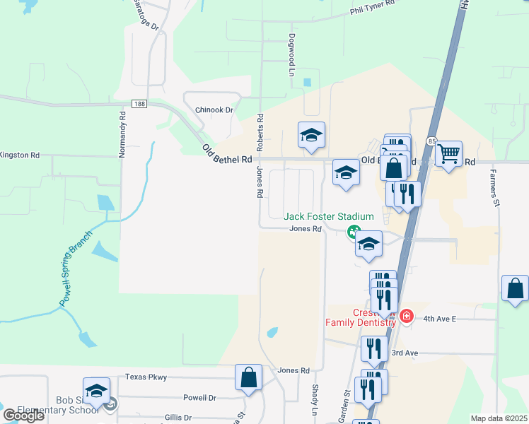 map of restaurants, bars, coffee shops, grocery stores, and more near Jones Road in Crestview