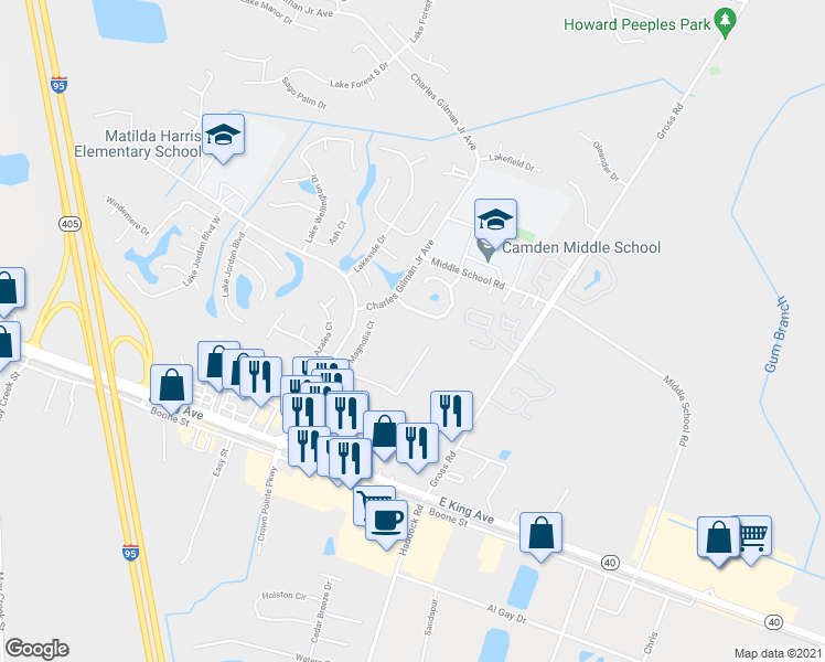 map of restaurants, bars, coffee shops, grocery stores, and more near 231 Royal Palms Avenue in Kingsland