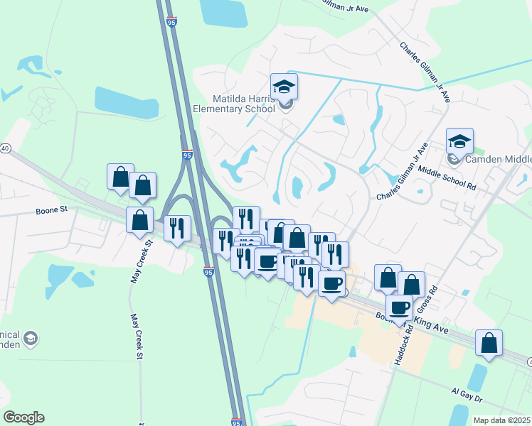 map of restaurants, bars, coffee shops, grocery stores, and more near 1311 East King Avenue in Kingsland