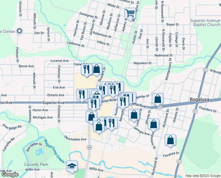 map of restaurants, bars, coffee shops, grocery stores, and more near 214 Ontario Avenue in Bogalusa