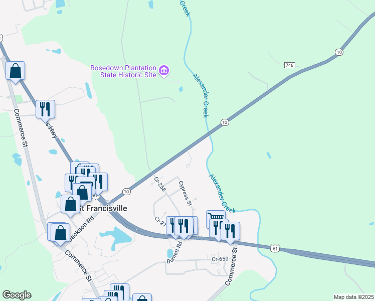 map of restaurants, bars, coffee shops, grocery stores, and more near 5387 Rosedown Court in Saint Francisville