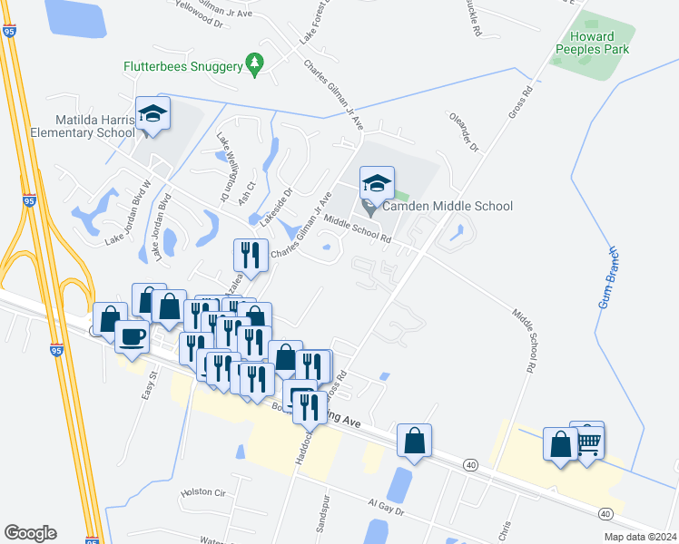 map of restaurants, bars, coffee shops, grocery stores, and more near 132 Lakewood Drive in Kingsland