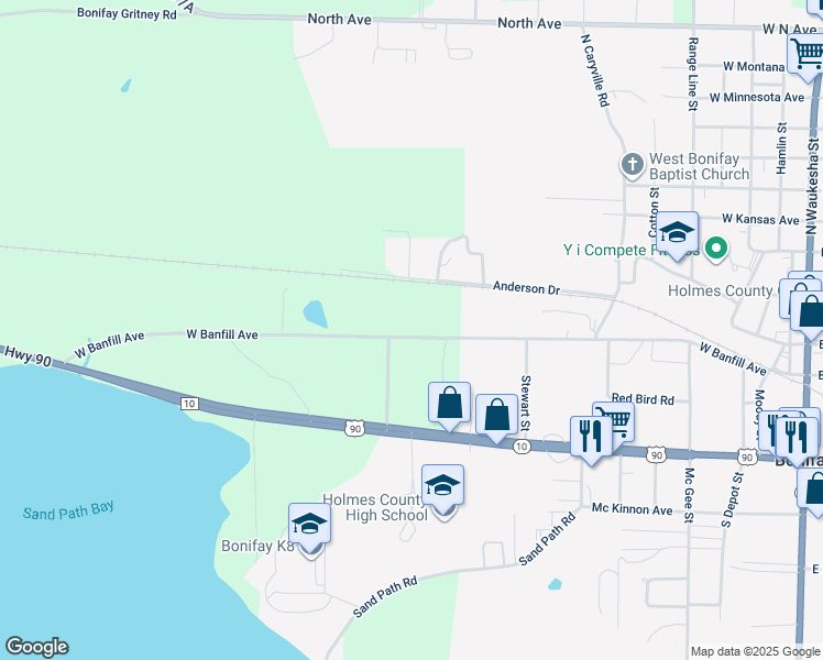 map of restaurants, bars, coffee shops, grocery stores, and more near 906 West Banfill Avenue in Bonifay