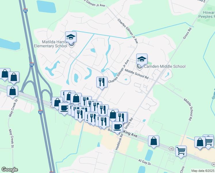 map of restaurants, bars, coffee shops, grocery stores, and more near 121 Magnolia Court in Kingsland