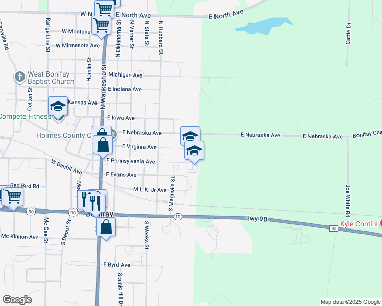 map of restaurants, bars, coffee shops, grocery stores, and more near 701 East Pennsylvania Avenue in Bonifay