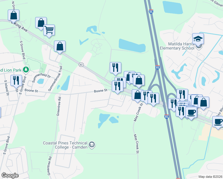 map of restaurants, bars, coffee shops, grocery stores, and more near 725 Boone Ave in Kingsland