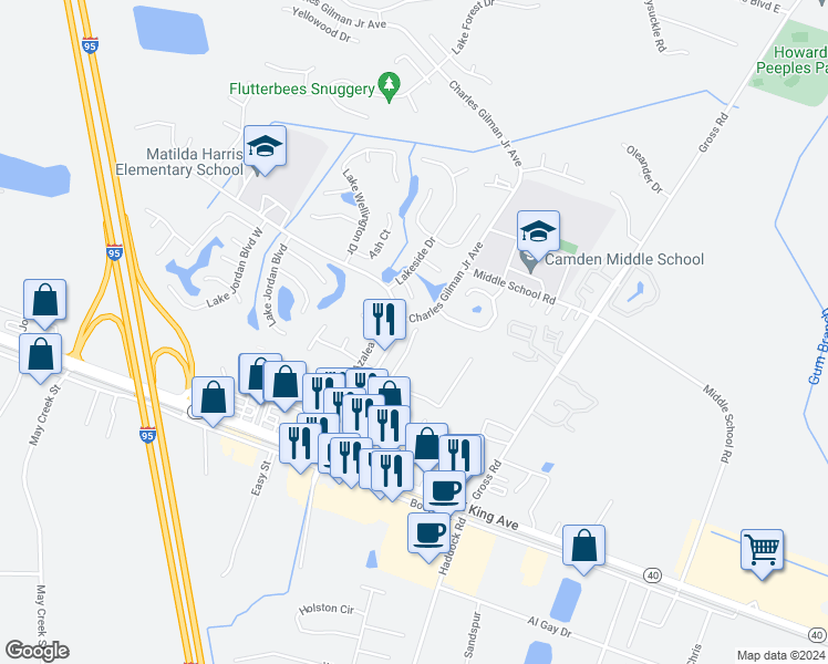 map of restaurants, bars, coffee shops, grocery stores, and more near 173 Magnolia Court in Kingsland