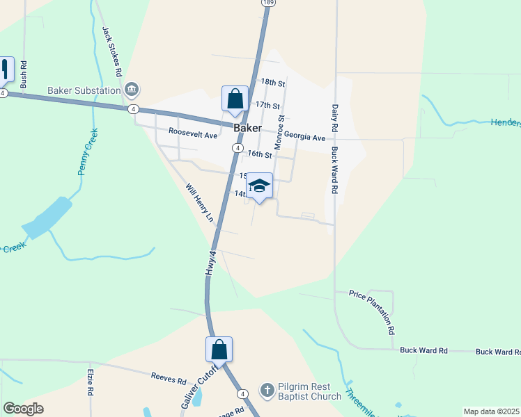 map of restaurants, bars, coffee shops, grocery stores, and more near 1369 14th Street in Baker