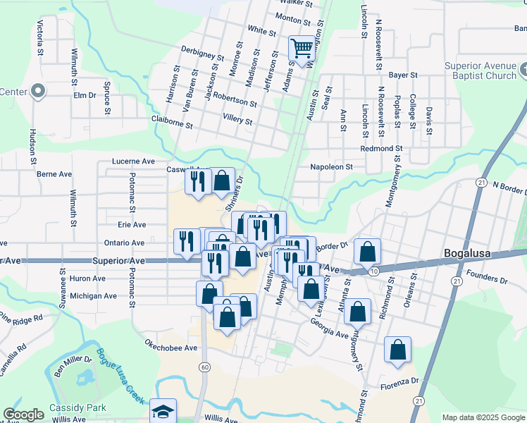 map of restaurants, bars, coffee shops, grocery stores, and more near 701-775 Austin Street in Bogalusa
